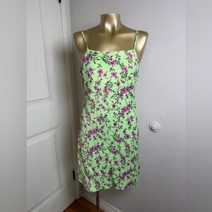 Zara Satin Green and Pink Floral Mini Dress M